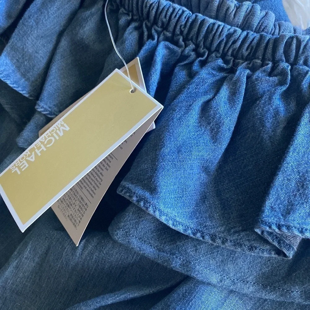 MICHAEL KORS Denim Chambray RUFFLE ON/OFF SHOULDER JUMPSUIT Small …Boho casual
